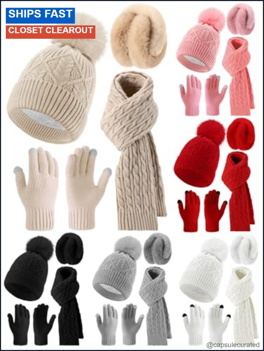 Winter Hat Scarf Gloves Ear Warmer Set Women Knit Beanie Touch Screen Gloves